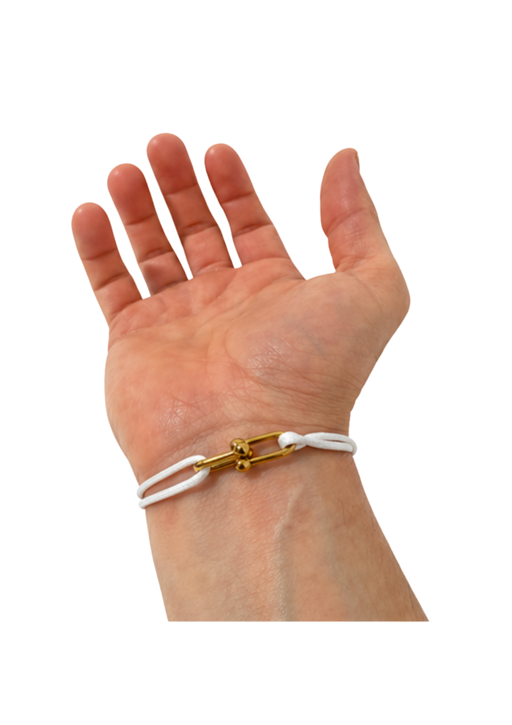 White cord bracelet on wrist, palm view