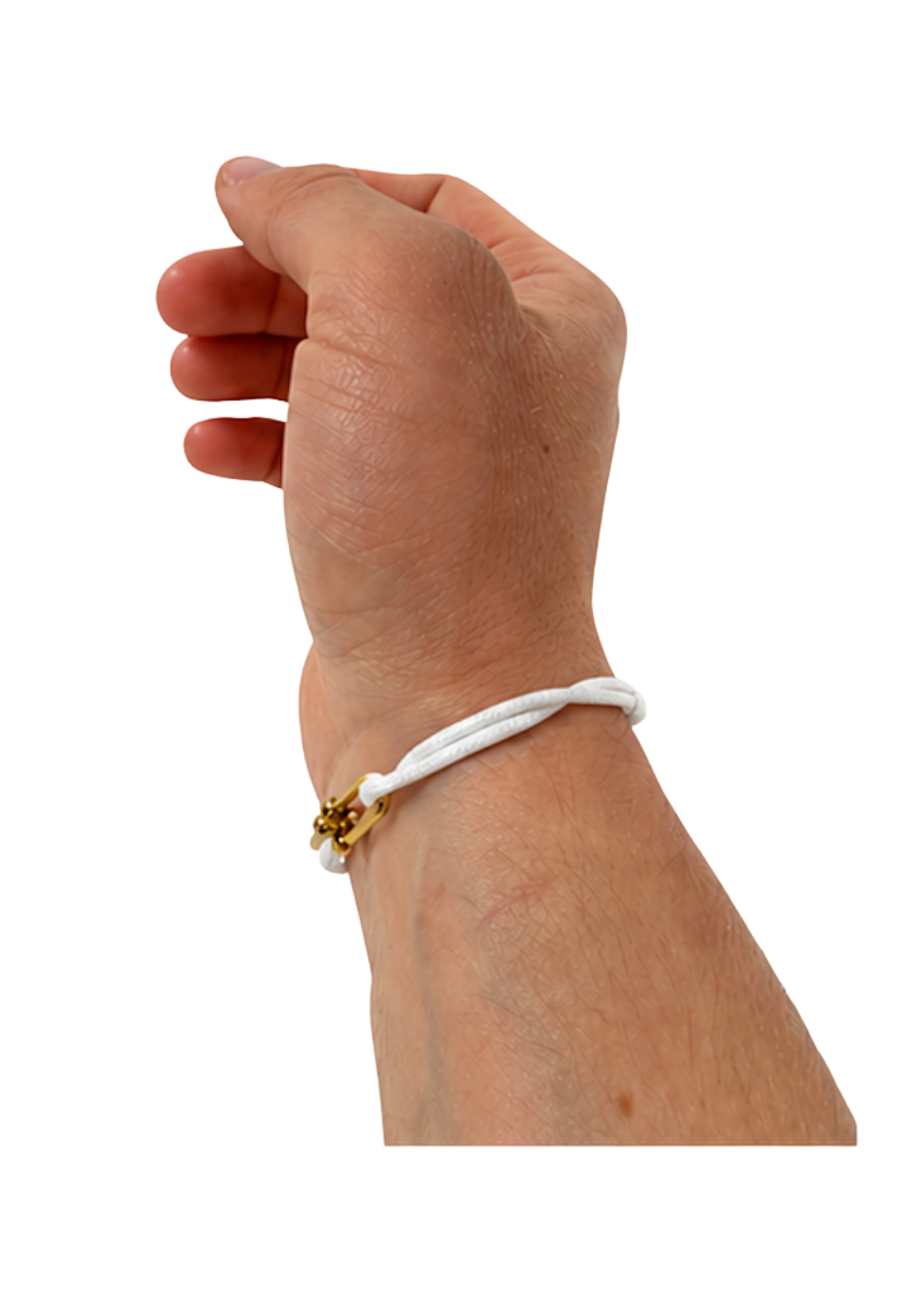 White cord bracelet on wrist, side view