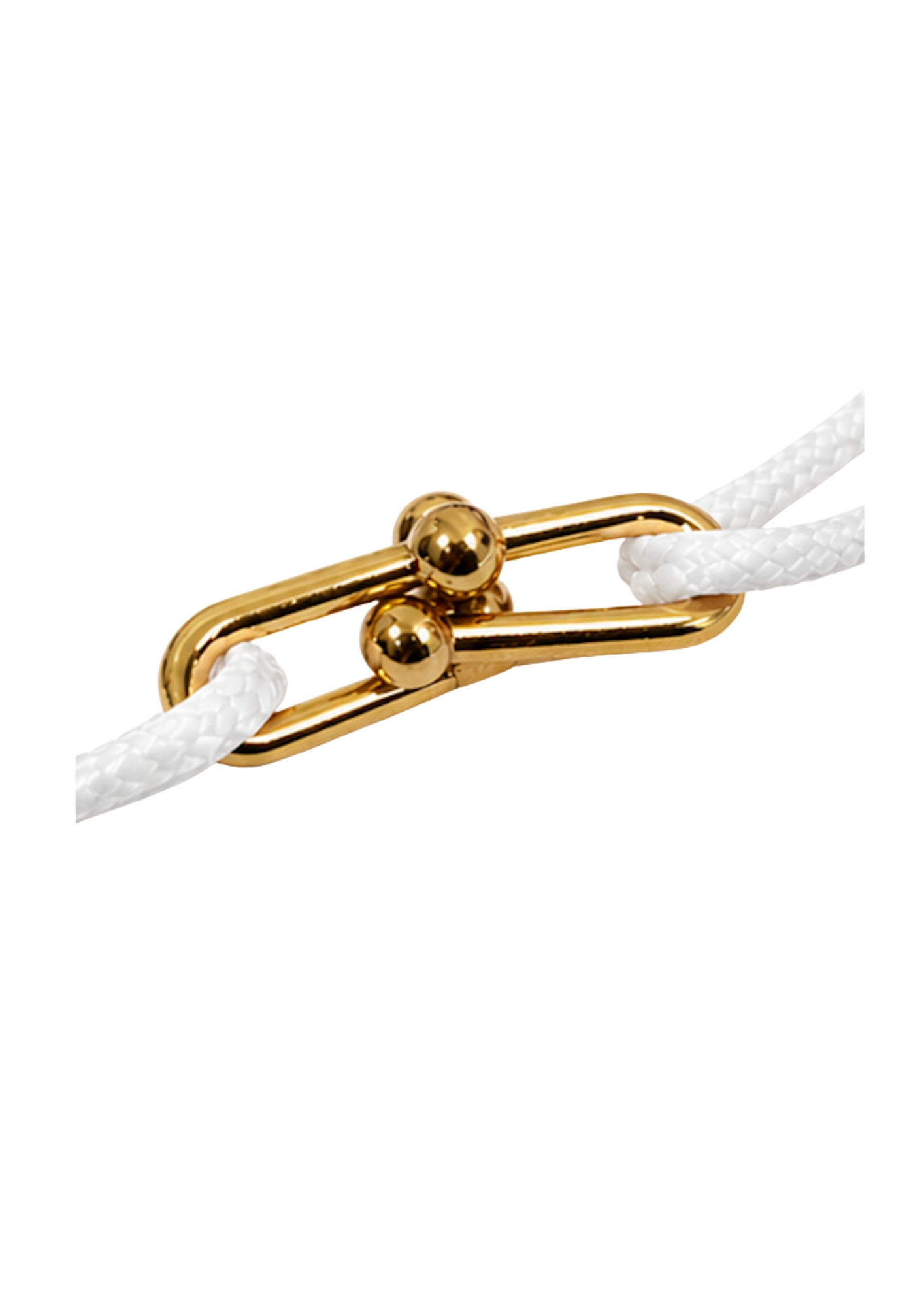 Close-up of gold horseshoe clasp on white cord